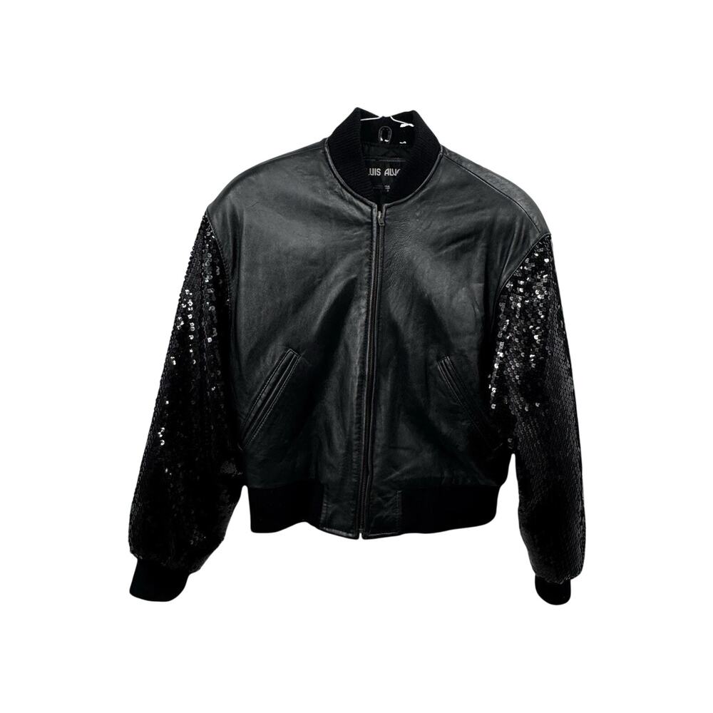Luis Alvear Genuine Leather Black Bomber Jacket Coat Sequin Arms Size Medium VTG